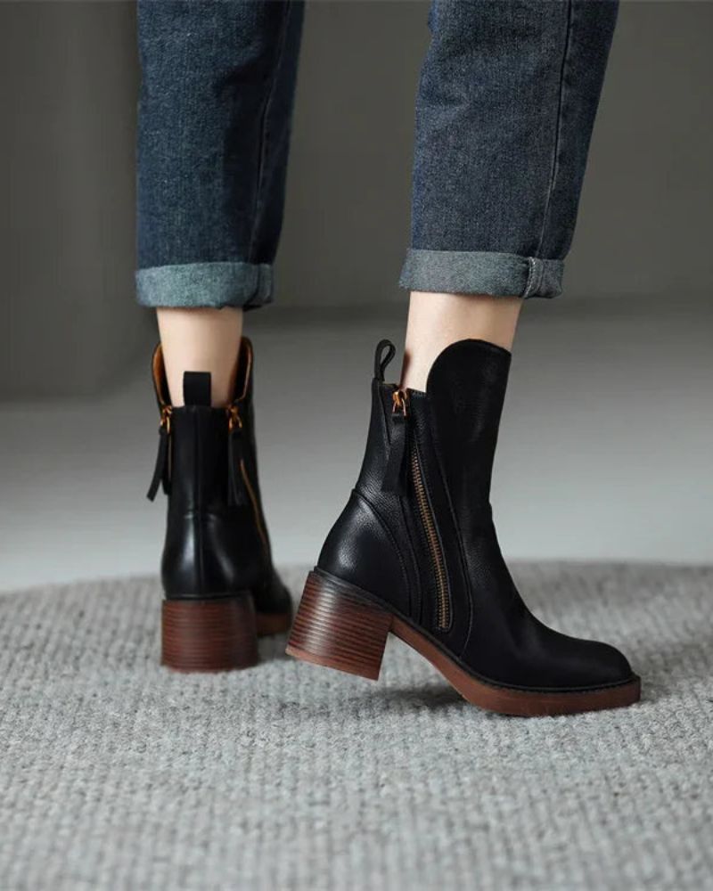 Belle Étoile Nice™ | Garciel – Bottines noires en cuir à talon confort, élégantes et intemporelles