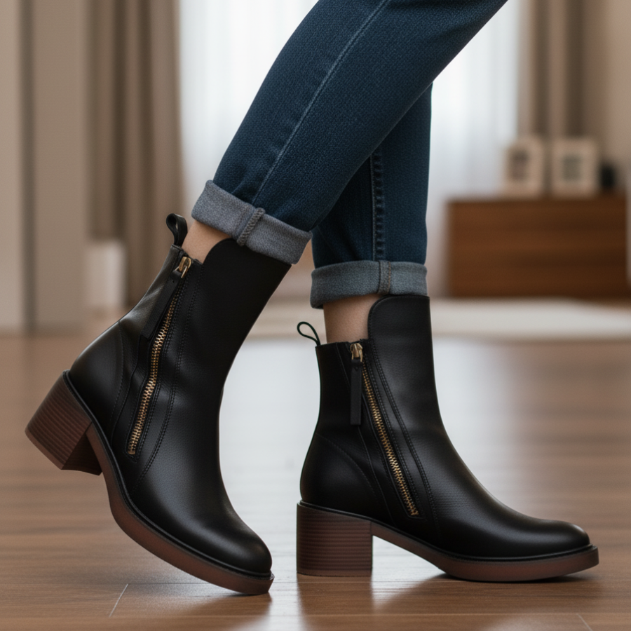 Belle Étoile Nice™ | Garciel – Bottines noires en cuir à talon confort, élégantes et intemporelles
