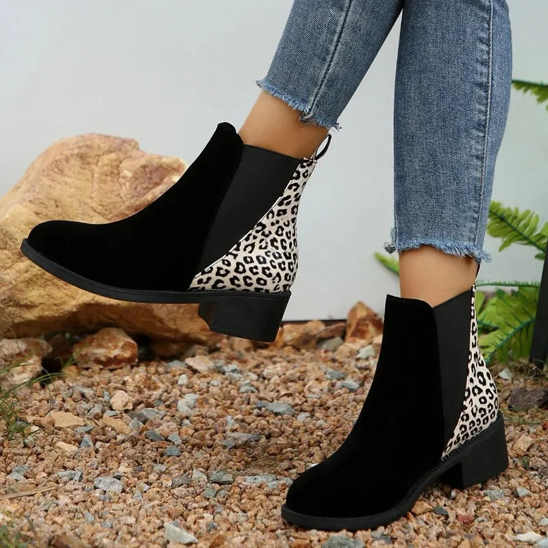 Belle Étoile Nice™ | Bottines Femme Imprimé Léopard à Talons Bas Style Rétro