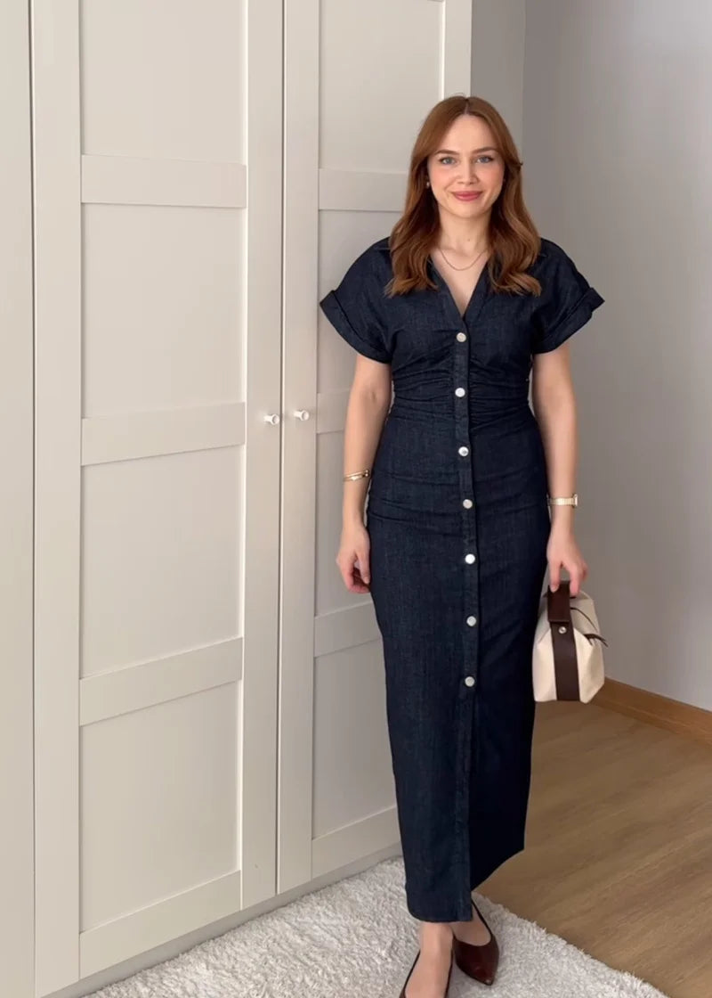 Sibelle™ | Robe Midi en Denim Élégante à Boutons