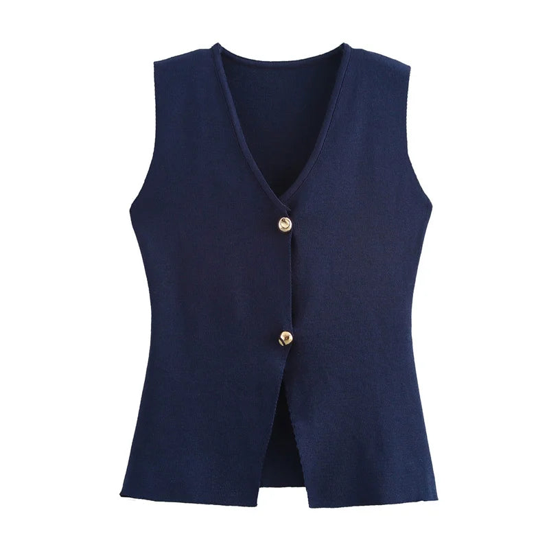 Belle Étoile Nice™ | Gilet court sans manches en maille – crop top boutonné, automne