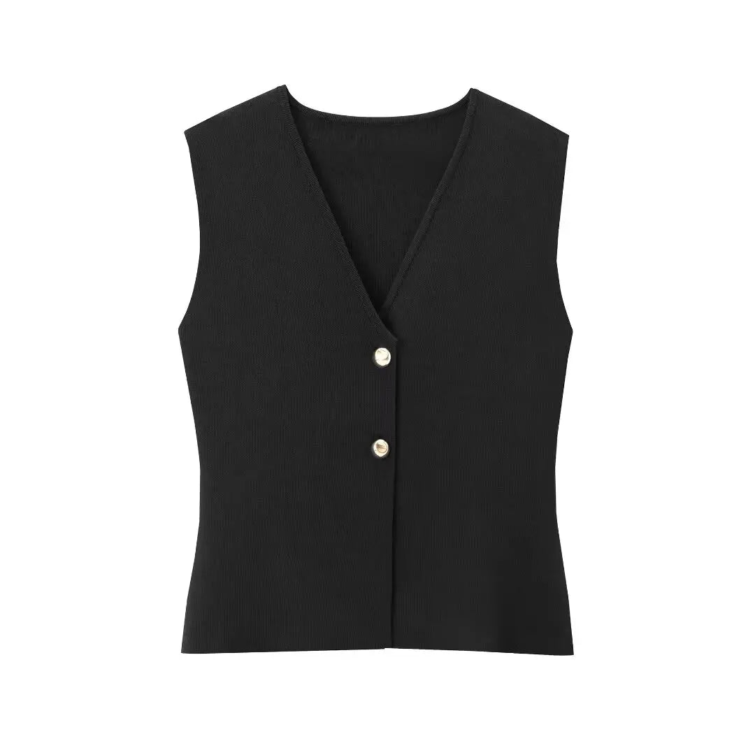 Belle Étoile Nice™ | Gilet court sans manches en maille – crop top boutonné, automne