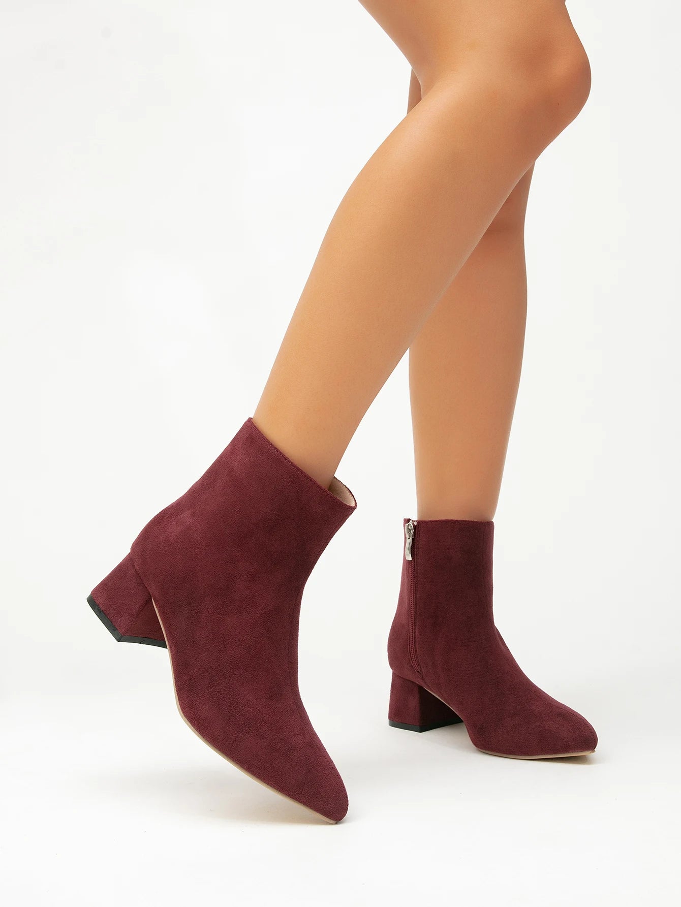 Belle Étoile Nice™ | Bottines Femme en Suédine Bordeaux à Talons Épais et Bout Pointu