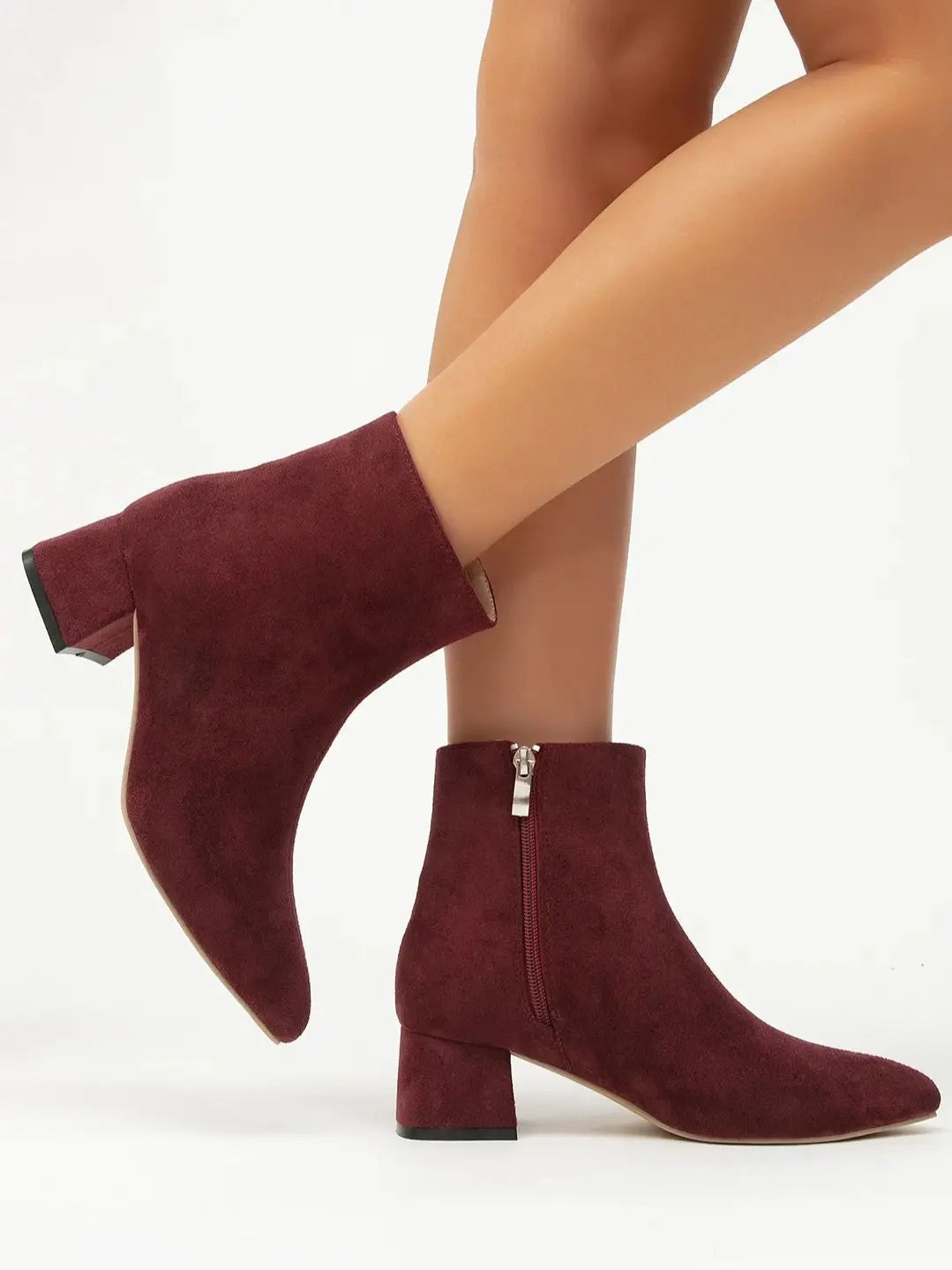 Belle Étoile Nice™ | Bottines Femme en Suédine Bordeaux à Talons Épais et Bout Pointu