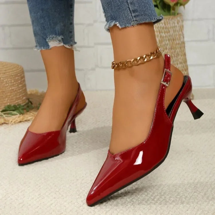 Elegant French Style Women's High Heels Wizardry 2024 New Sharp Toe Strapless Sandals With Ankle Strap Polyurethane Leather