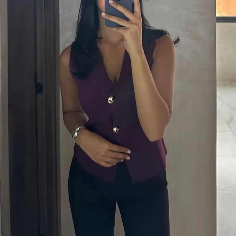 Belle Étoile Nice™ | Gilet court sans manches en maille – crop top boutonné, automne