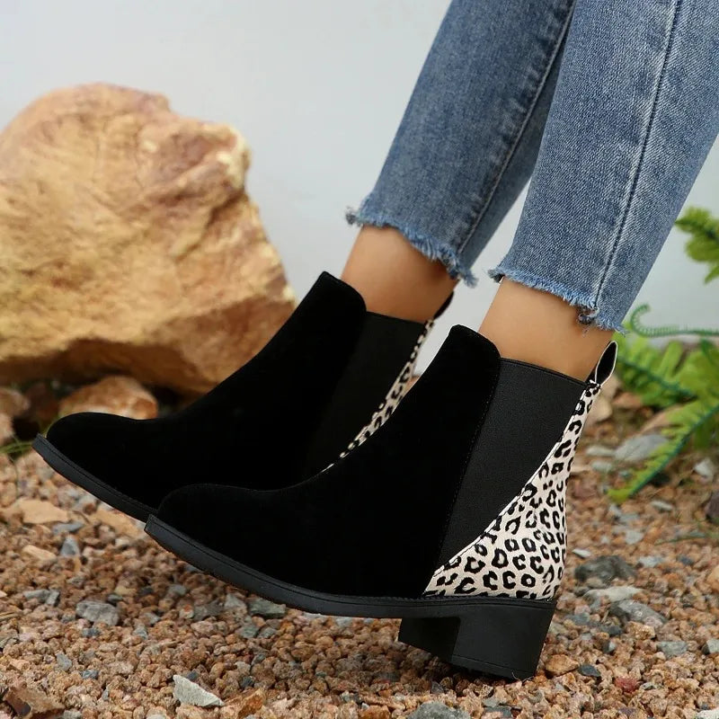 Belle Étoile Nice™ | Bottines Femme Imprimé Léopard à Talons Bas Style Rétro