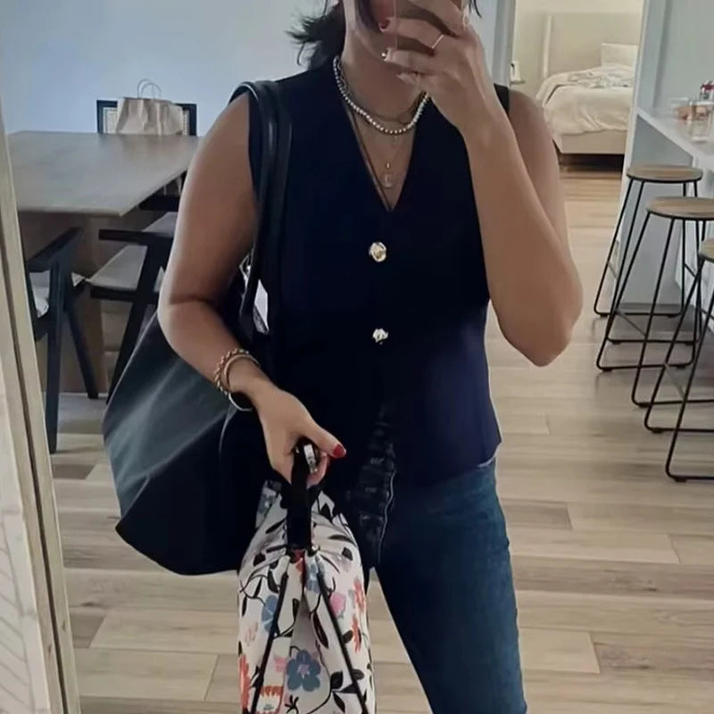 Belle Étoile Nice™ | Gilet court sans manches en maille – crop top boutonné, automne