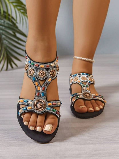Isaline™ | Sandales Gladiator Bohème à Perles et Semelle Plate