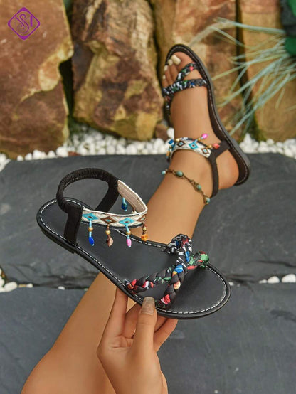 Isaline™ | Sandales Gladiator Bohème à Perles et Semelle Plate