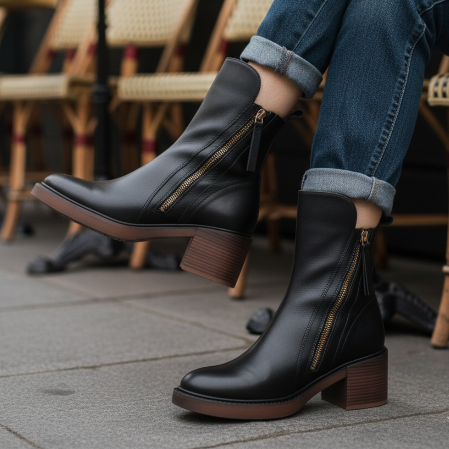 Belle Étoile Nice™ | Garciel – Bottines noires en cuir à talon confort, élégantes et intemporelles