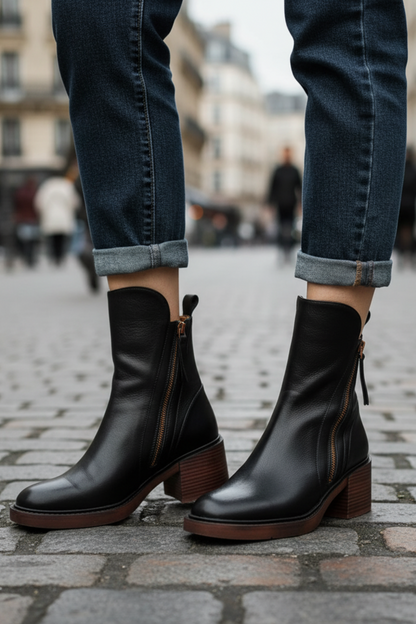 Belle Étoile Nice™ | Garciel – Bottines noires en cuir à talon confort, élégantes et intemporelles