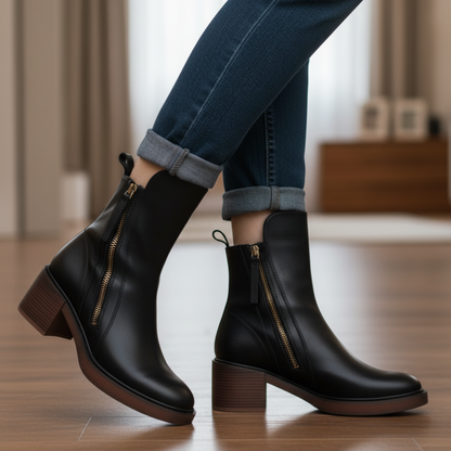 Belle Étoile Nice™ | Garciel – Bottines noires en cuir à talon confort, élégantes et intemporelles