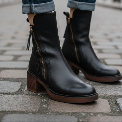 Belle Étoile Nice™ | Garciel – Bottines noires en cuir à talon confort, élégantes et intemporelles