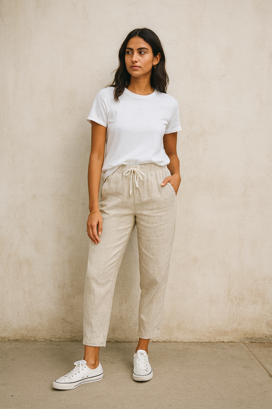 Belle Étoile Nice™ | Pantalon automnal coton – taille élastique & cordon, casual chic