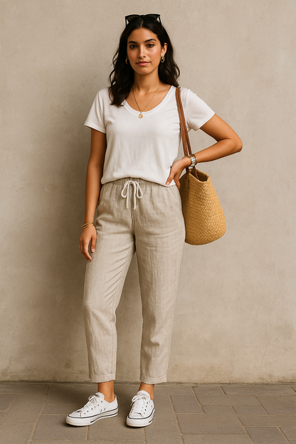 Belle Étoile Nice™ | Pantalon automnal coton – taille élastique & cordon, casual chic