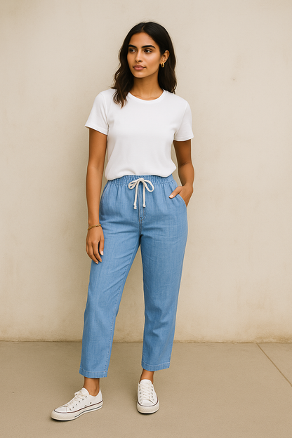 Belle Étoile Nice™ | Pantalon automnal coton – taille élastique & cordon, casual chic