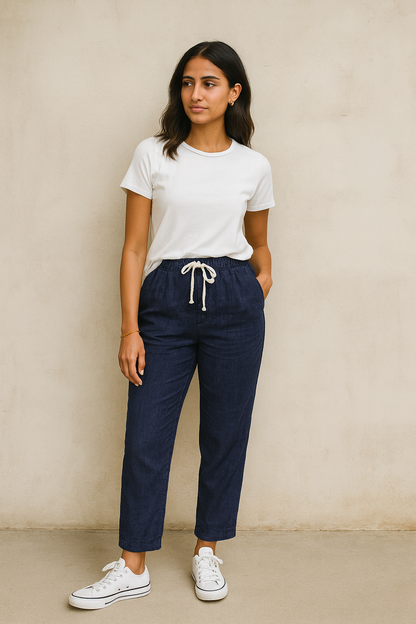 Belle Étoile Nice™ | Pantalon automnal coton – taille élastique & cordon, casual chic