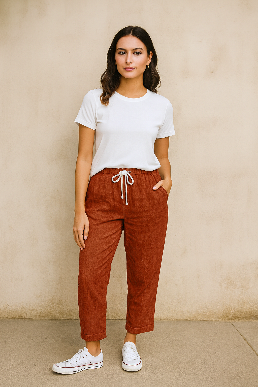 Belle Étoile Nice™ | Pantalon automnal coton – taille élastique & cordon, casual chic