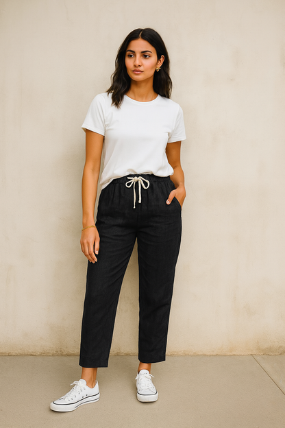 Belle Étoile Nice™ | Pantalon automnal coton – taille élastique & cordon, casual chic