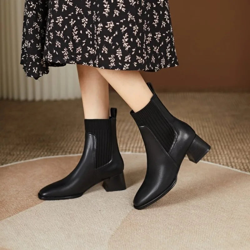Belle Étoile Nice™ | Bottines Femme à Talons Carrés Effet Chaussette Marron