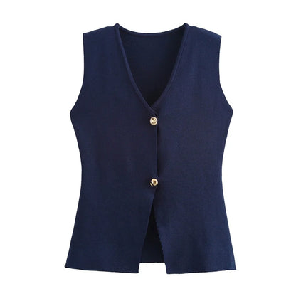 Belle Étoile Nice™ | Gilet court sans manches en maille – crop top boutonné, automne