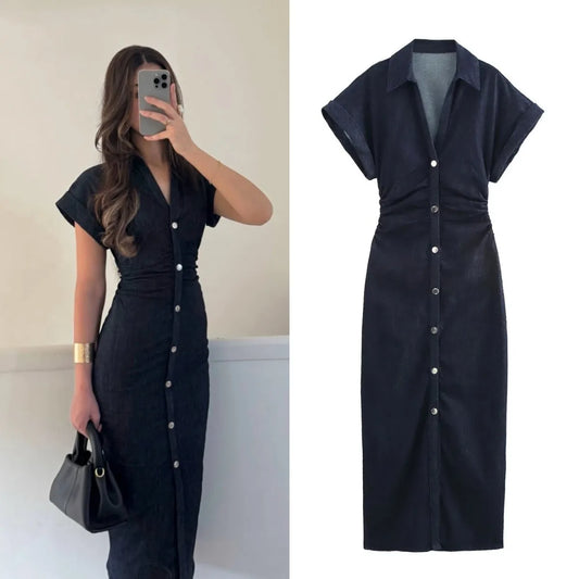 Sibelle™ | Robe Midi en Denim Élégante à Boutons