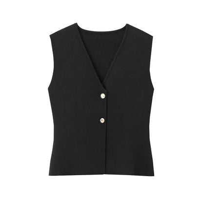 Belle Étoile Nice™ | Gilet court sans manches en maille – crop top boutonné, automne