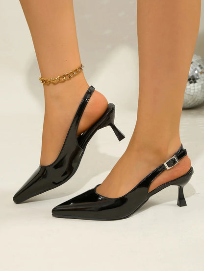 Elegant French Style Women's High Heels Wizardry 2024 New Sharp Toe Strapless Sandals With Ankle Strap Polyurethane Leather