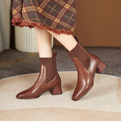Belle Étoile Nice™ | Bottines Femme à Talons Carrés Effet Chaussette Marron