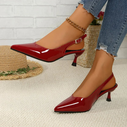 Elegant French Style Women's High Heels Wizardry 2024 New Sharp Toe Strapless Sandals With Ankle Strap Polyurethane Leather
