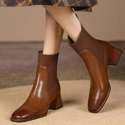 Belle Étoile Nice™ | Bottines Femme à Talons Carrés Effet Chaussette Marron