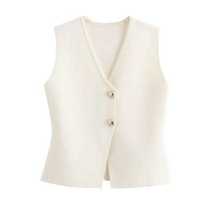 Belle Étoile Nice™ | Gilet court sans manches en maille – crop top boutonné, automne