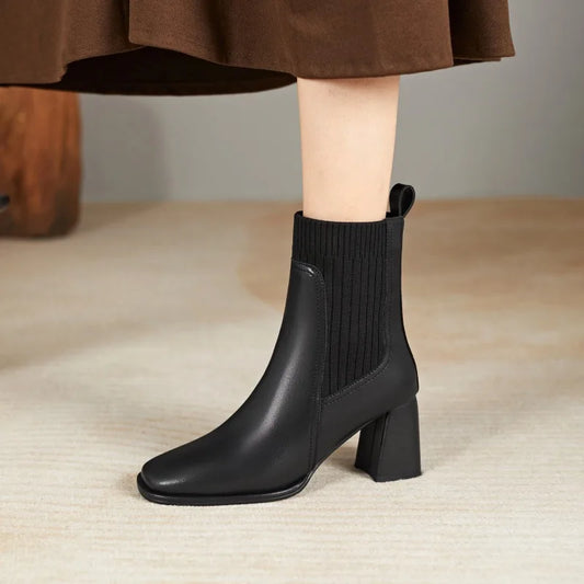 Belle Étoile Nice™ | Bottines Femme à Talons Carrés Effet Chaussette Marron
